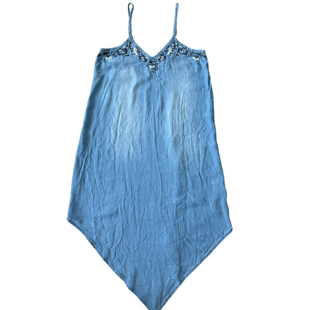 Y2k Denim Tank Midi Dress Floral Embroidery Relaxed Handkerchief Hem Sz XS